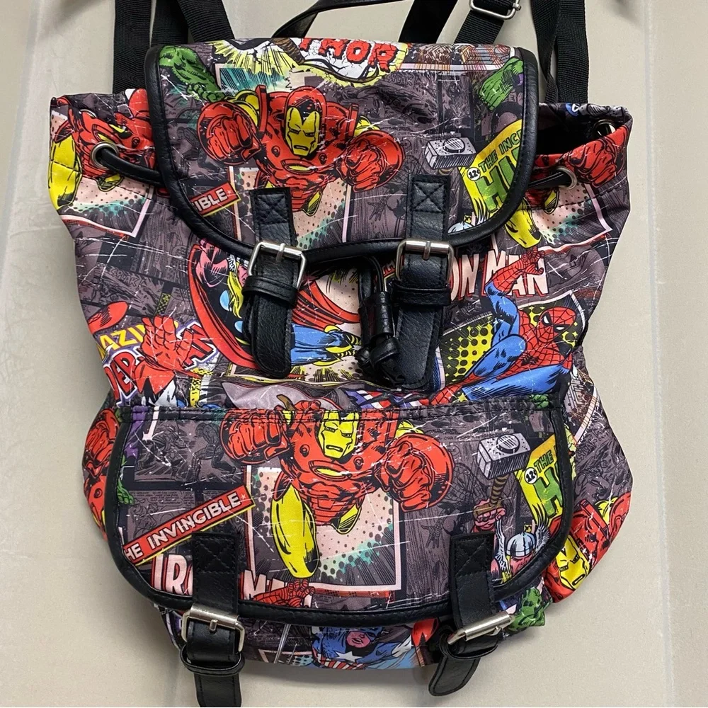 Marvel Avengers Comic Backpack Knapsack Drawstring Spiderman Hulk Iron Man NWOT